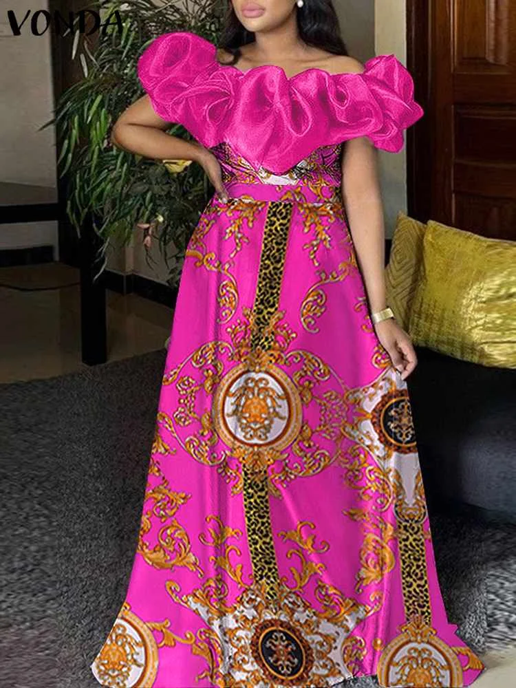 

Party Dress 2023 VONDA Elegant Women Mesh Wedding Dress Off Shoulder Bohemian Printed Maxi Sundress Summer Casual Robe Belted
