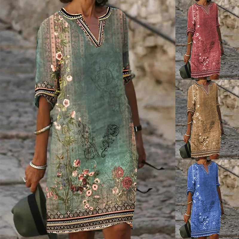 

Summer Ladies Fashion New National Style Retro Printed Casual Sexy V-neck Pullover Short-sleeved Dress