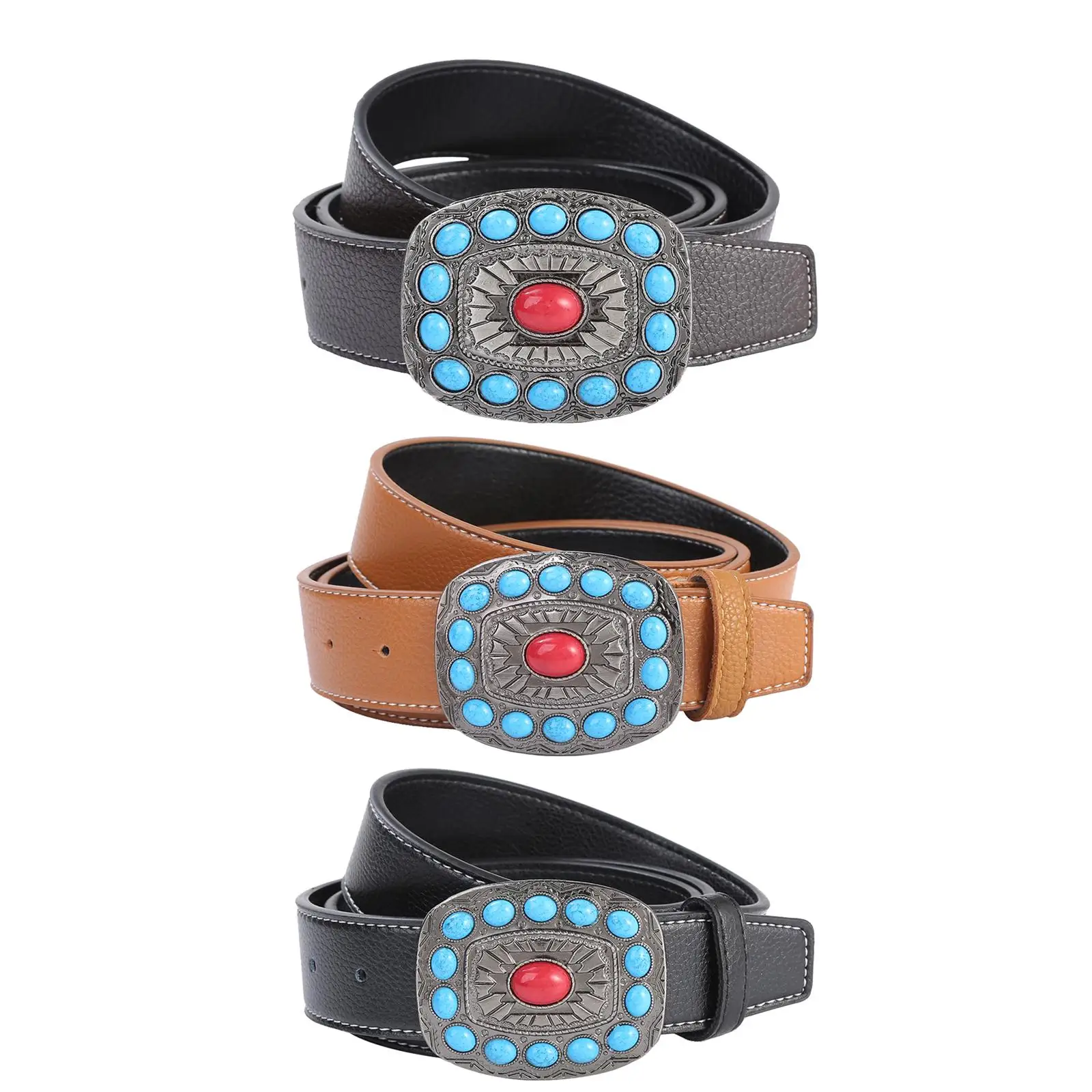 

Indian Style Mens Leather Belt Bohemian Western Cowboy PU Leather Strap 47" Long, Business Dress Belt Jeans Pants Belt