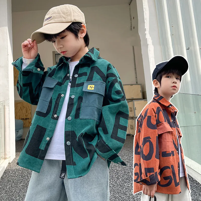 

Fashion Kids Boys Shirt Jacket Cotton Child Letter Print Shirt Loose Outerwear Spring Fall Teens Korean Casual Clothes 4-14 Year