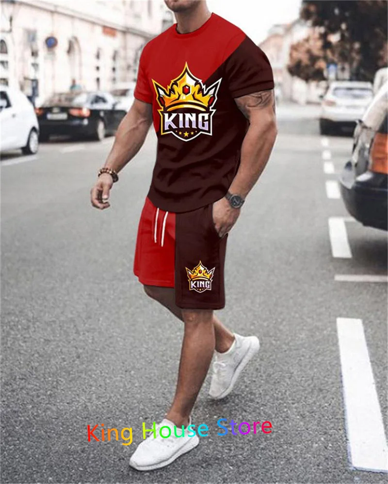 Fashion Sportswear TrackSuit Set Men King 3D Printed Clothes Oversized Sport T Shirt+Shorts Jogging Set Male 2 Piece Sets