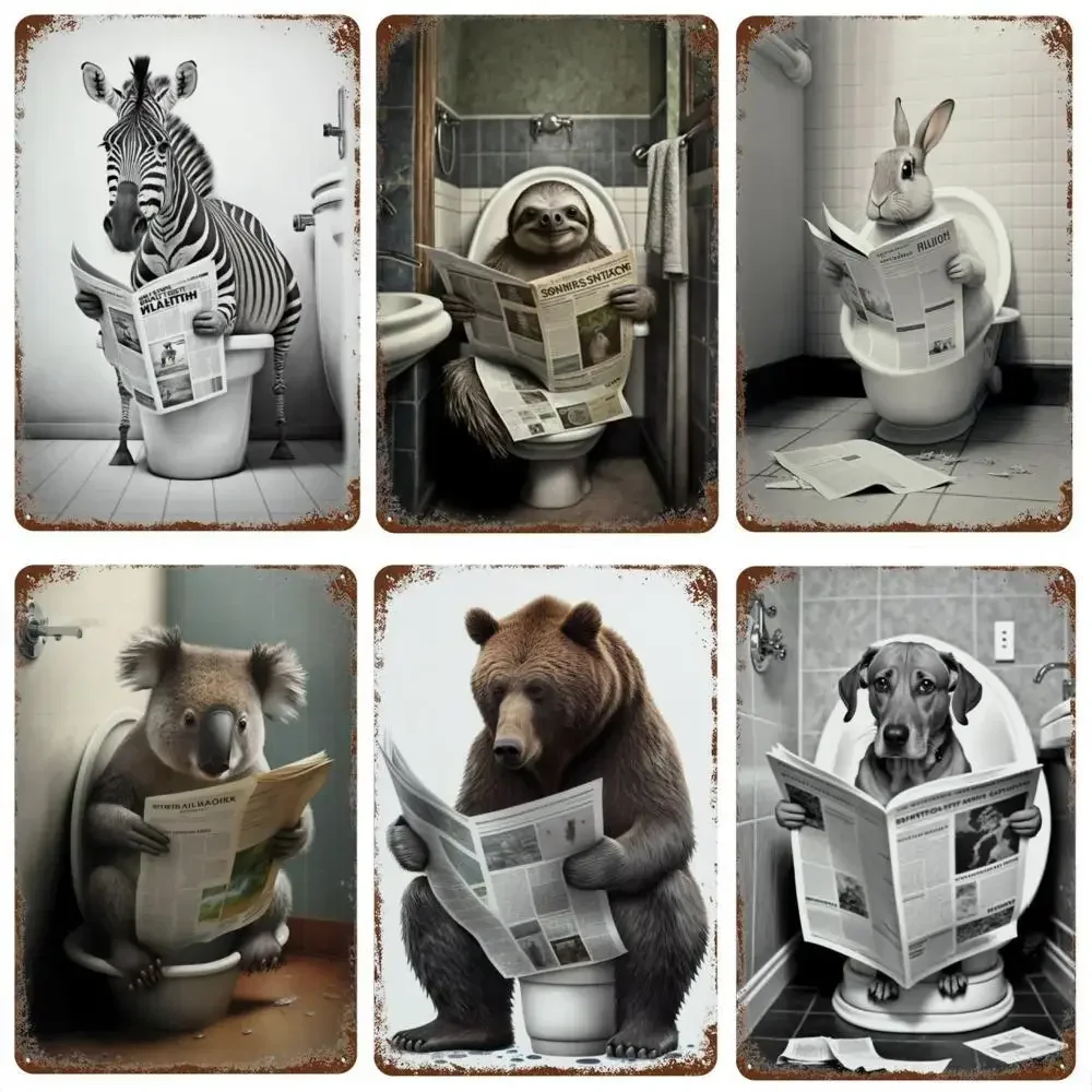 Funny Bathroom Humorous Animal Wall Decor Bear Dog Tiger Sitting on Toilet Reading Poster Art Metal Tin Sign Plaque Home