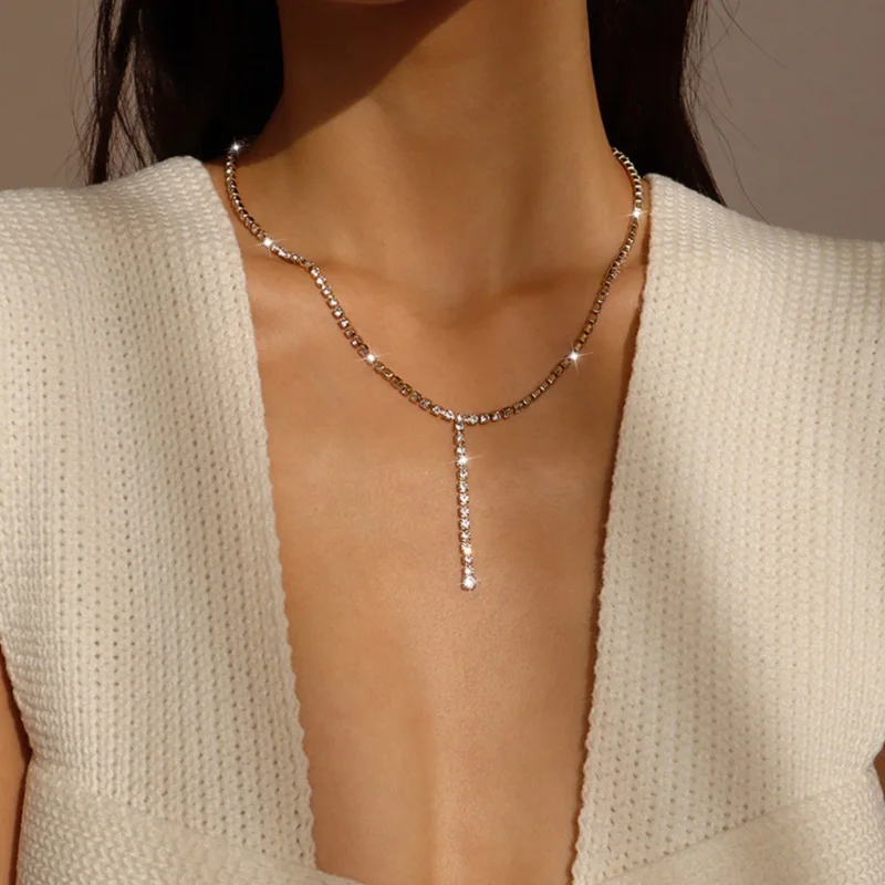 

Ailodo Luxury Crystal Chain Necklace For Women Girls Gold Silver Color Long Necklace Party Wedding Fashion Jewelry Birthday Gift