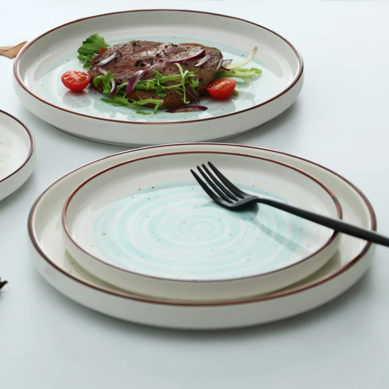 

European-style hand-painted underglaze ceramic western tableware household dishes round rice dish steak dish salad flat plate