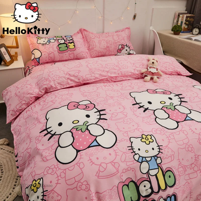 

Sanrio Cartoon Cute Hello Kitty Bed Linen 4 Piece Pillowcase Duvet Cover Quilts Games Students Bedding Set Comforter Sets Sheets