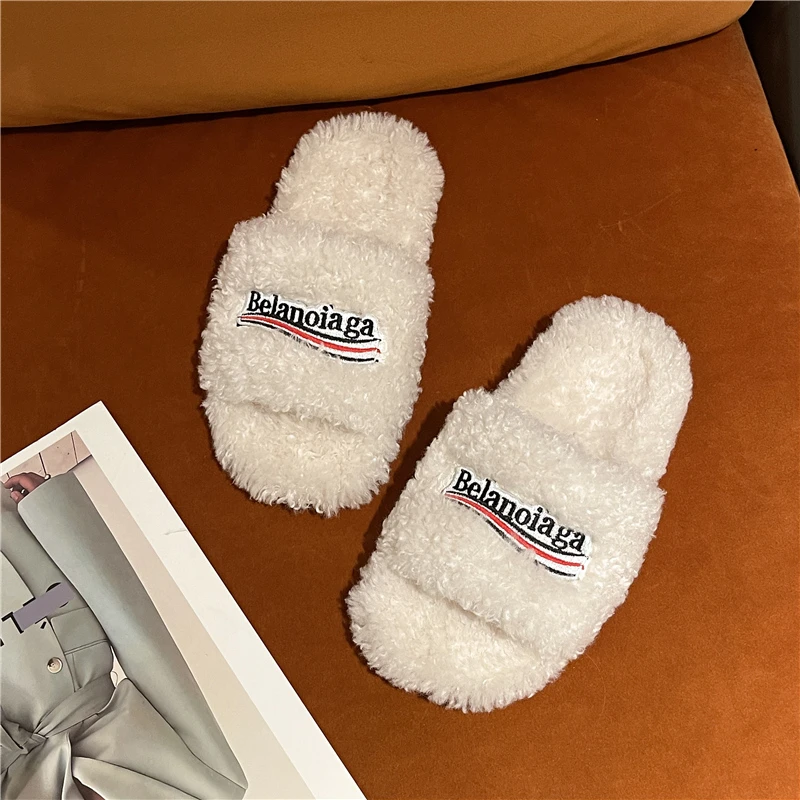 2022 New Winter Women House Furry Slippers Fashion Faux Fur Warm Shoes Slip On Flats Female Home Slides Black Plush Indoor