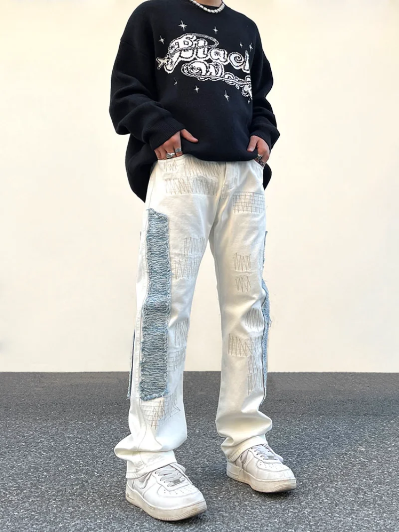 Irregular Sewing Scratched Patchwork Denim Jeans Men Casual Straight Biker Zipper Trousers Streetwear Hip Hop Jean Pants Joggers