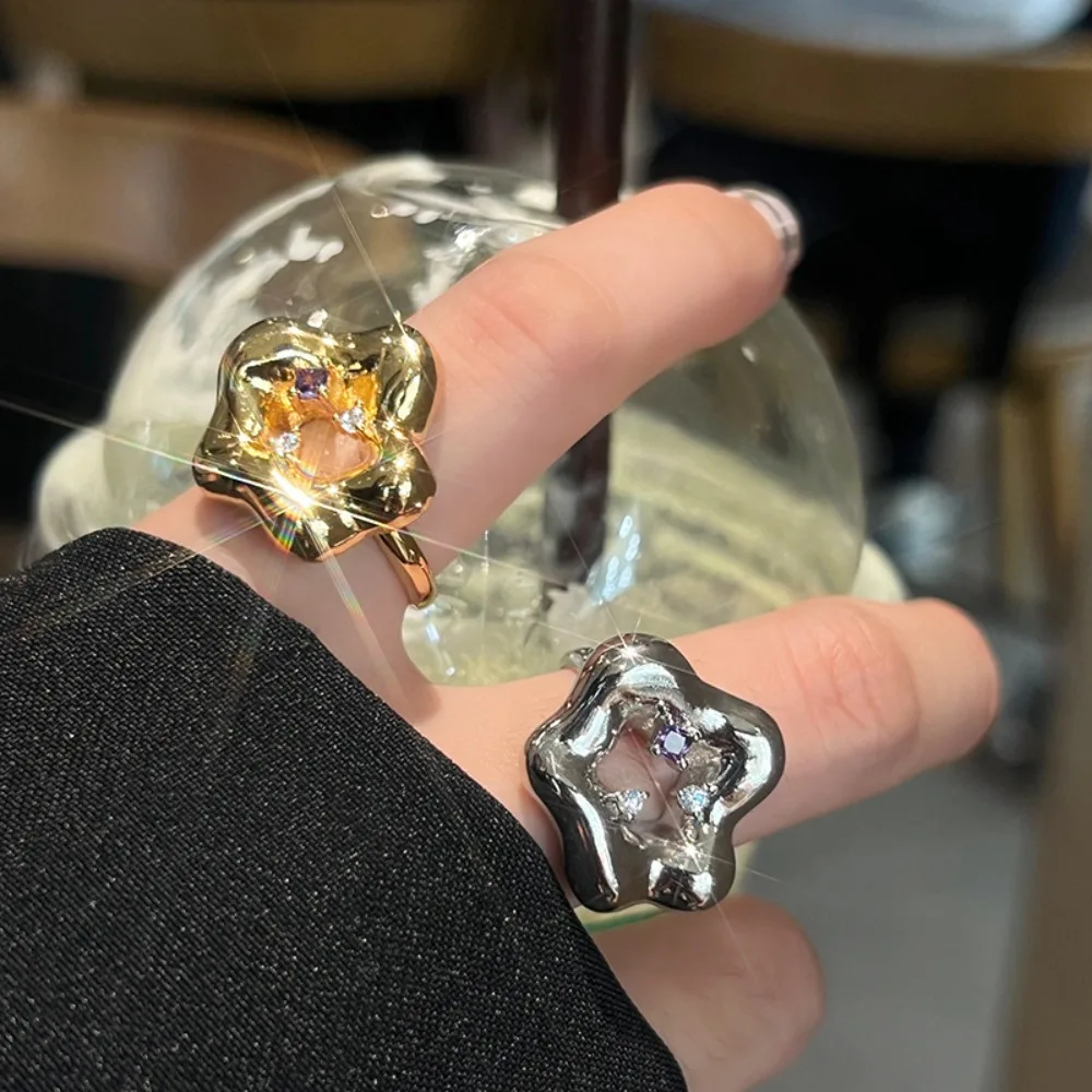 

New Trendy EleganHollow Five-pointed Star Rings Geometric Sparkling Zircon Rings for Women Party Jewelry Birthday Gift