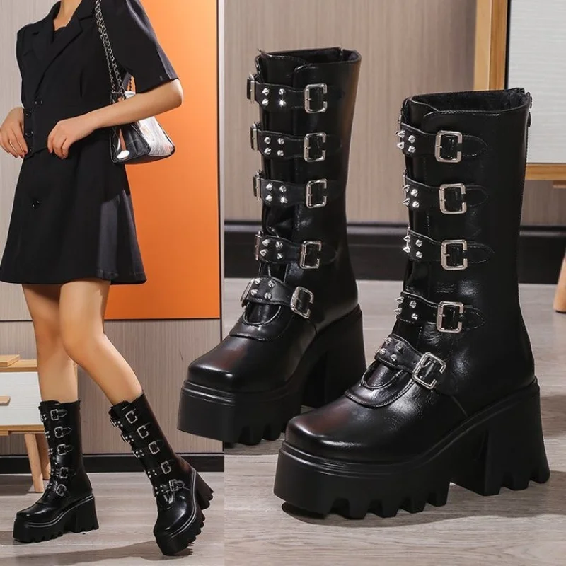 Women's Cosplay High Boots Winter Long Tube Leather Knight Boot Punk Gothic Classic Black High Heel Shoes Knee-High