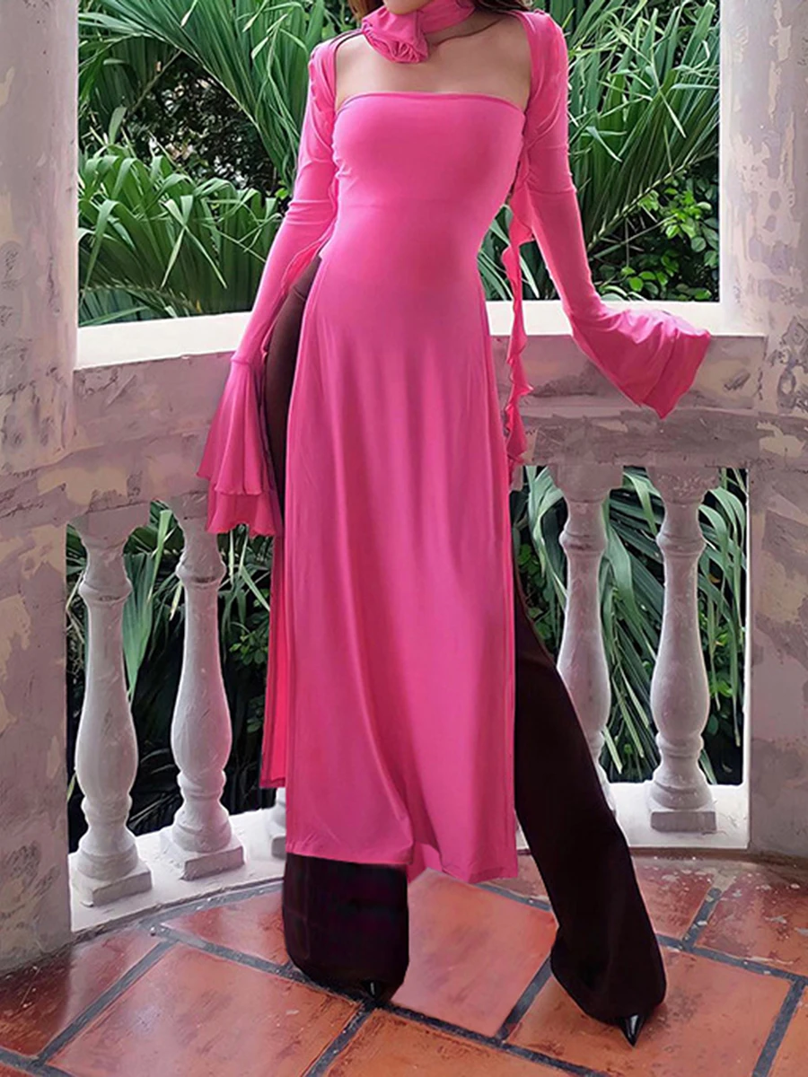

Ttrdeytl Women Sexy Satin Silk Slip Backless Spaghetti Strap Sheer Mesh Lace Long Dress Slim Fit Slit Prom Formal