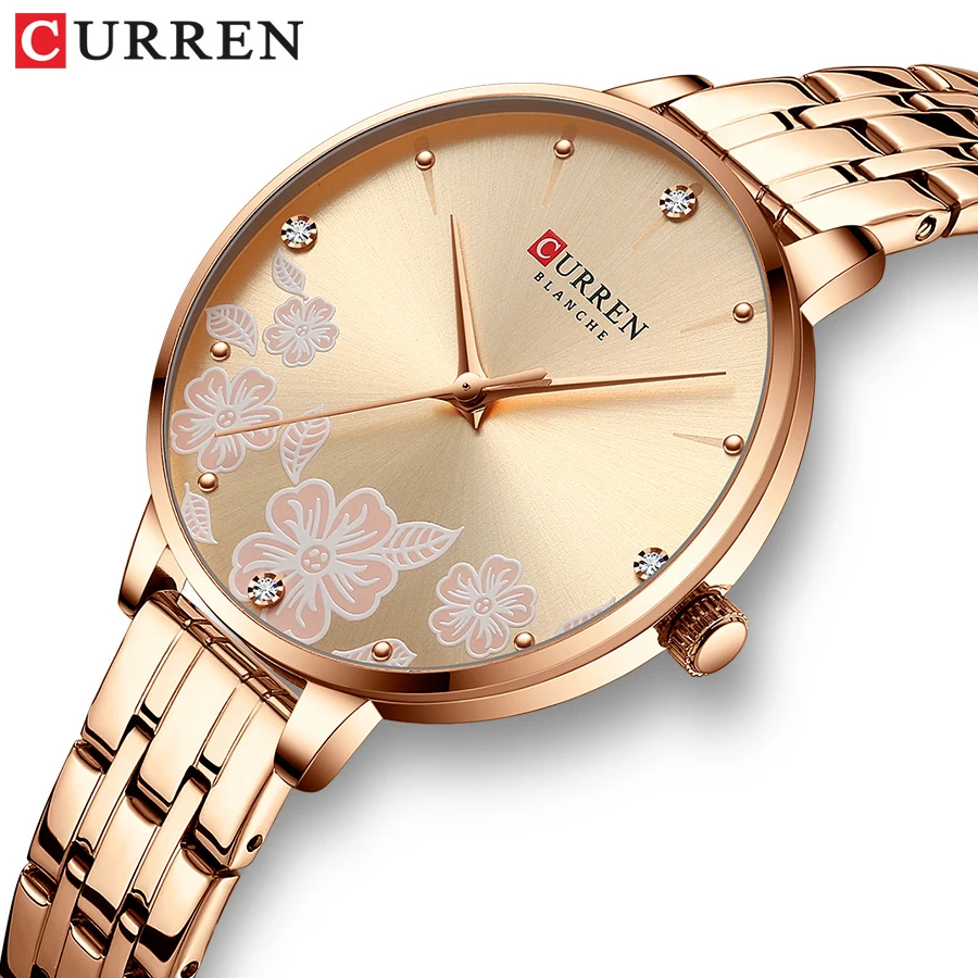 

Часы CURREN 9068, модные кварцевые наручные часы для простых часов из нержавеющей стали, браслет с цветочным дизайном, циферблат, часы для женщин