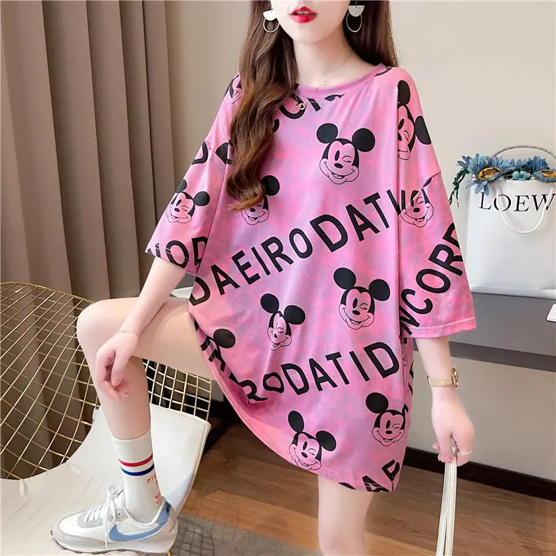 

Pakaian Disney Kaus Lengan Pendek Mickey Wanita Musim Panas Gaya Korea Baru Longgar Mode Atasan Setengah Lengan