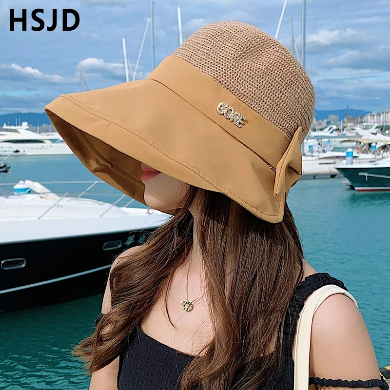 Пляжная шляпа с бантом и широкими полями для женщин однотонная Панама от солнца