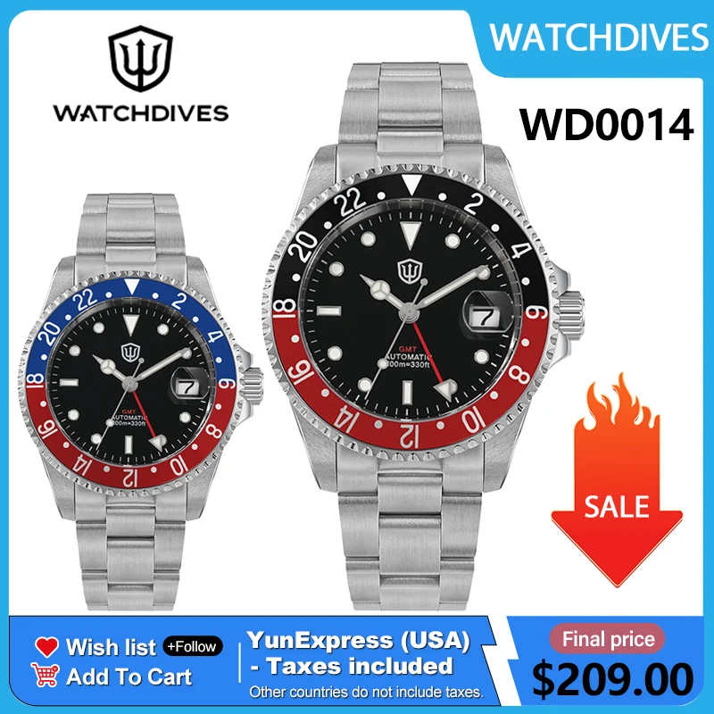 Фото Часы Watchdives WD0014 с алюминиевым безелем, винтажные, с механизмом NH34 GMT, из нержавеющей стали, с сапфировым стеклом, светящиеся, роскошные мужские часы, водонепроницаемые №1