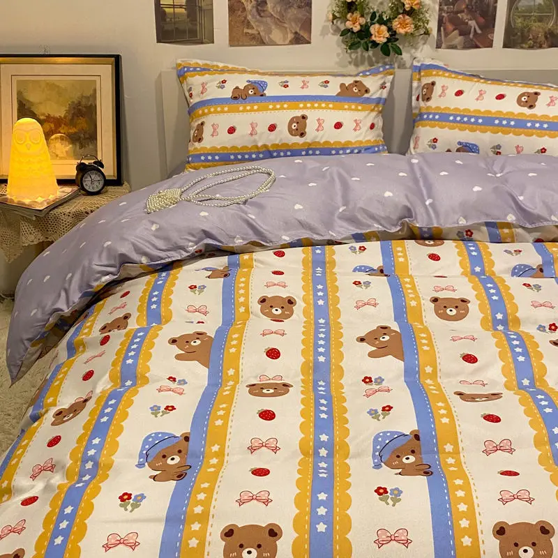 

Комплект постельного белья с милым медведем для детей, простыни, детское клетчатое постельное белье, пододеяльник, пододеяльник, наволочка,...