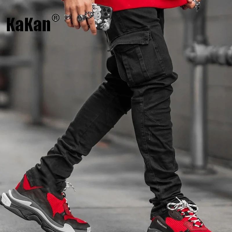 Kakan - small leg skinny jeans with side pockets in Europe and America, new light blue, black jeans K06-0066