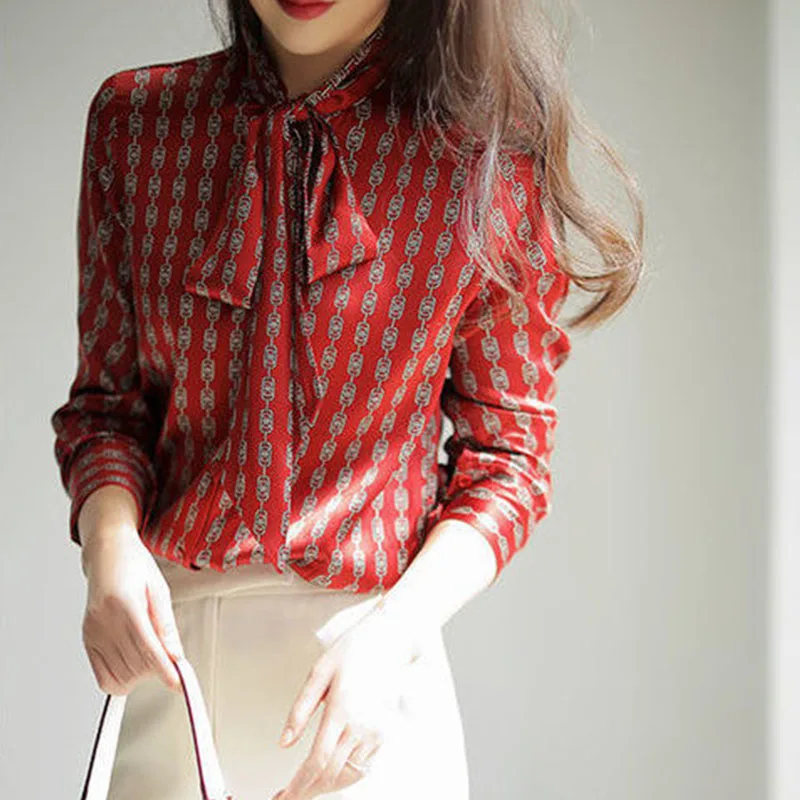 

French Satin Office Lady Profession Bow Tie Shirt Wine Red All-match Spring Summer Long Sleeve Cardigan Fashion Woman New Blouse
