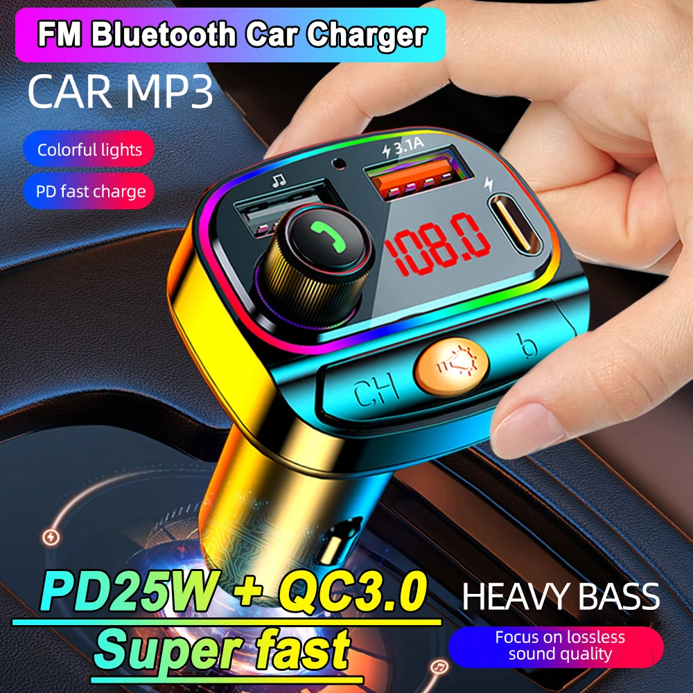

FM Bluetooth Car Charger 25W Transmitter USB Charger For Mobile Phone Charger Car Adapter Invisible PD Type C For iPhone xiaomi