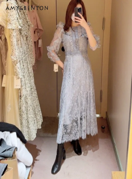 

Fall 2023 New Japanese Sweet Lace Long Dress Women Temperament Embroidery Ruffled Long Sleeve Loose Casual Office Ladies Dress