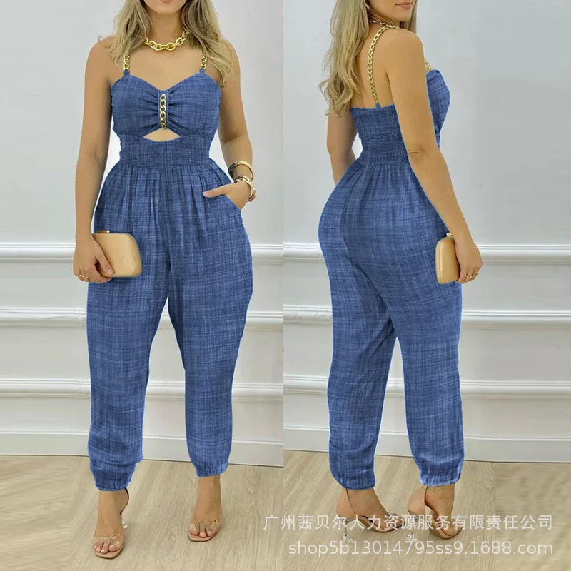 

Chain Strap Cutout Shirred Jumpsuit Women High Waist Spring Summer Sleeveless Overall Pants Jumpsuits Sexy Solid Color