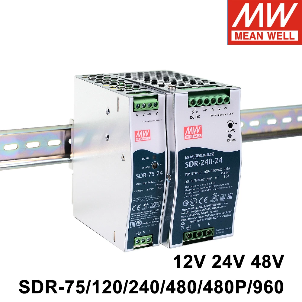 

Mean Well SDR-75/120/240/480/960W 88-264V AC TO DC 12V 24V 48V Single Output Din Rail Switching Power Supply with PFC
