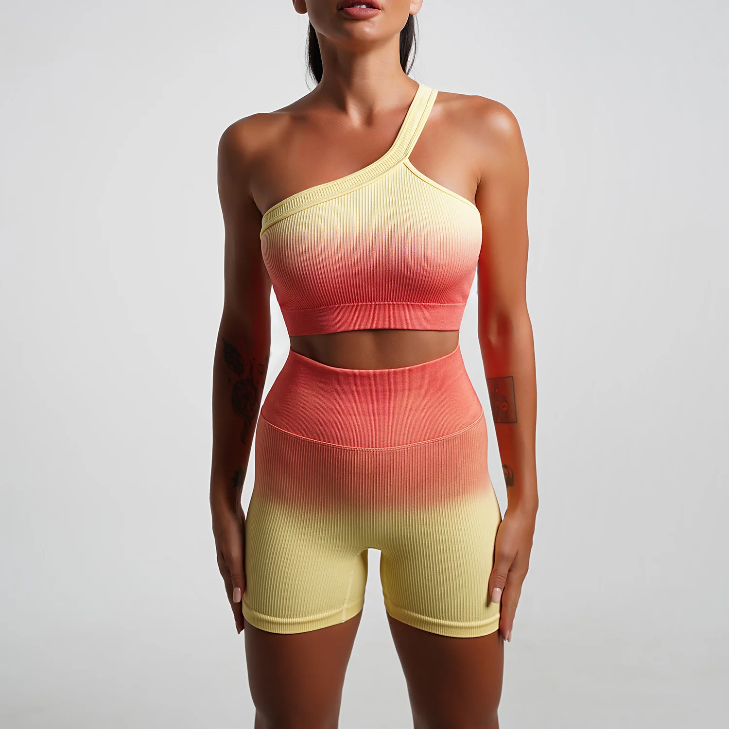 Seamless Tights Yoga Suit Gradient Women Outfits Fitness T-shirt Yoga Top Sports Bra Gym Shorts High Waist Workout Women Gym Set