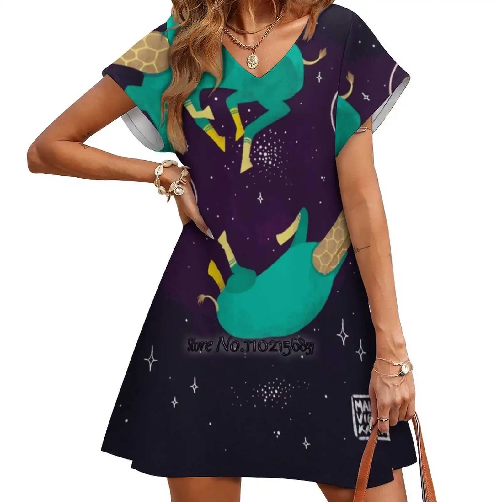 

Space Giraffes Elegant Fashion V-Neck A-Line Skirt Comfortable High Quality Women Clothing Dress Space Giraffes Animals Space