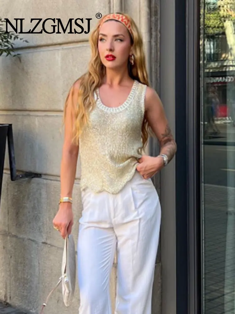 

Nlzgmsj TRAF Women O-neck Knitting Sweater Top Spring Autumn Crochet Sleeveless Out Beach Tops Casual Sweet Female Tops