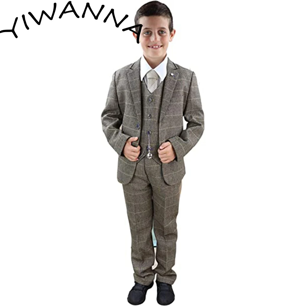 Boys 3 Piece Suit Brown Tweed Check Vintage Kids Classic Top Quality Plaid Wedding Suit Teenager Kid Formal Tuxedo Bowtie suit