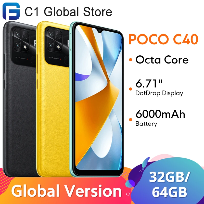 Смартфон глобальная версия POCO C40 32 ГБ/64 ГБ Android Восьмиядерный Аккумулятор 6000 мАч