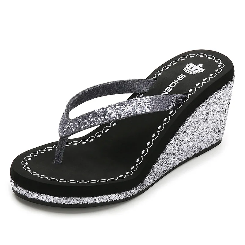 

New Summer Bottom Platform Women Shoes Beach Sandals Sequin Slope With Heavy-Bottomed Flip Flops Breathable Shiny Wedge Slippers