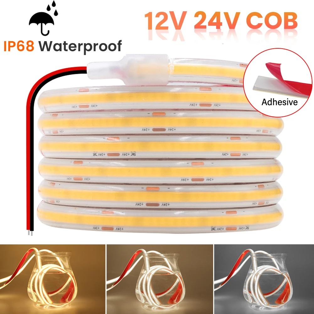 IP68 водонепроницаемая светодиодная лента COB 12 в 24 в 320 светодиодов/м высокая плотность CRI Ra90 гибкий брелок линейная фотолампа теплый белый/натуральный белый/белый