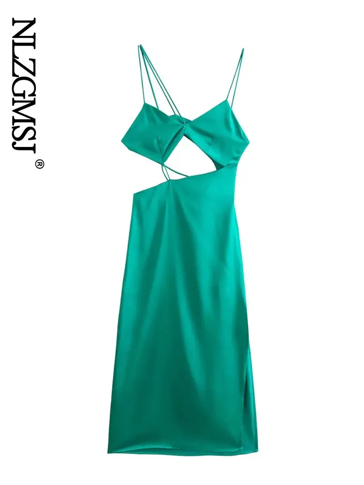 

Женское асимметричное платье миди с открытой спиной и тонкими бретельками