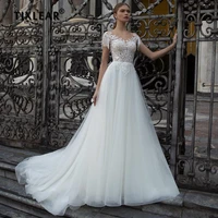 i od elegant lace tassel wedding dress v neck tulle vintage cap sleeves button back a line sweep train bride gown 2022
