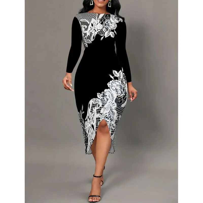 

New little black sexy party dress Fashion Round Neck Cap Sleeves Flower Print Asymmetric