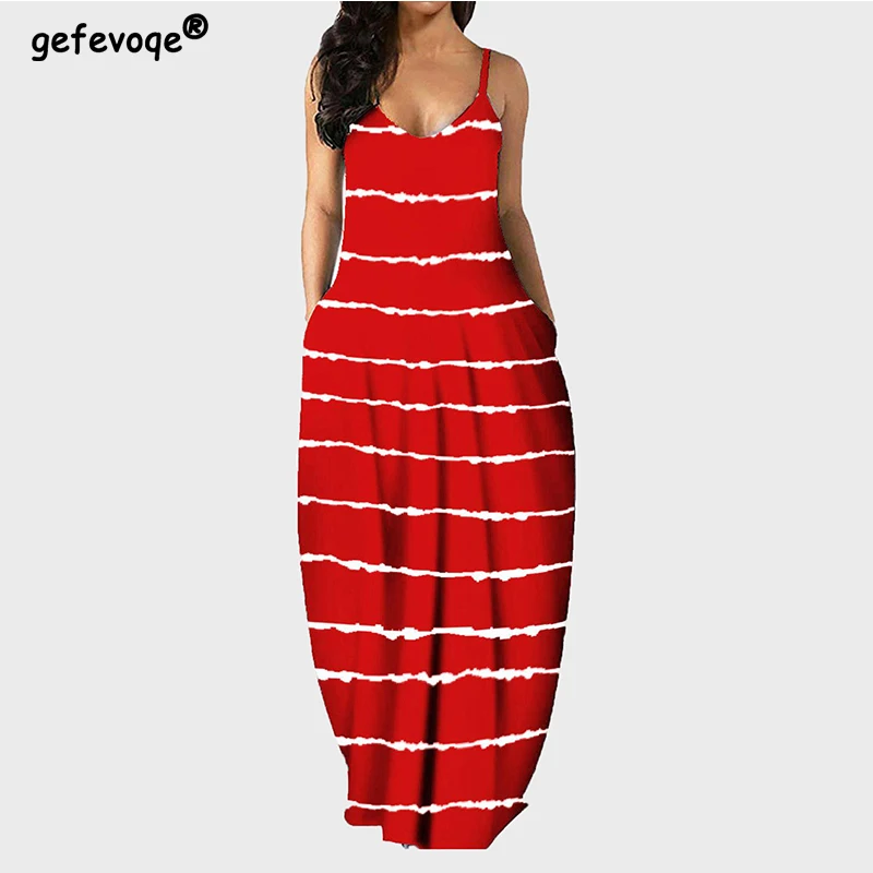 Полосатый ремень Спагетти с v-образным вырезом без рукавов длиной до пола