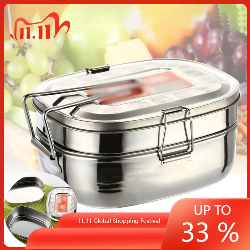 1.8L Double Layer Stainless Steel Lunch Box Square Bento Food Container Box Anti-rust Tableware Kitchen Tools Accessories