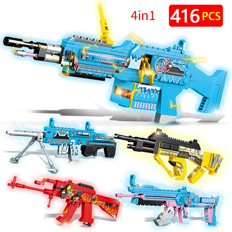 

416pcs City 4 in 1 WW2 Military Police SWAT Submachine Gun Bricks Assault Rifle Gun Building Blocks Toys for Children Gifts