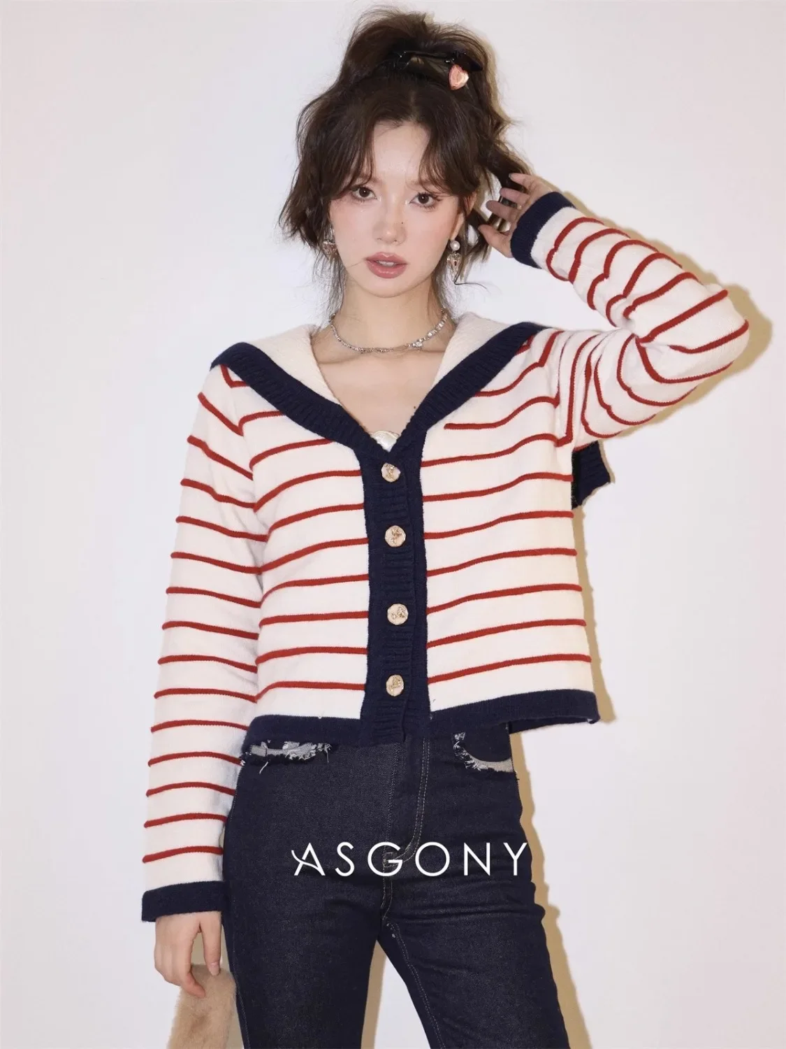 Американский милый женский полосатый матросский короткий жакет с воротником и