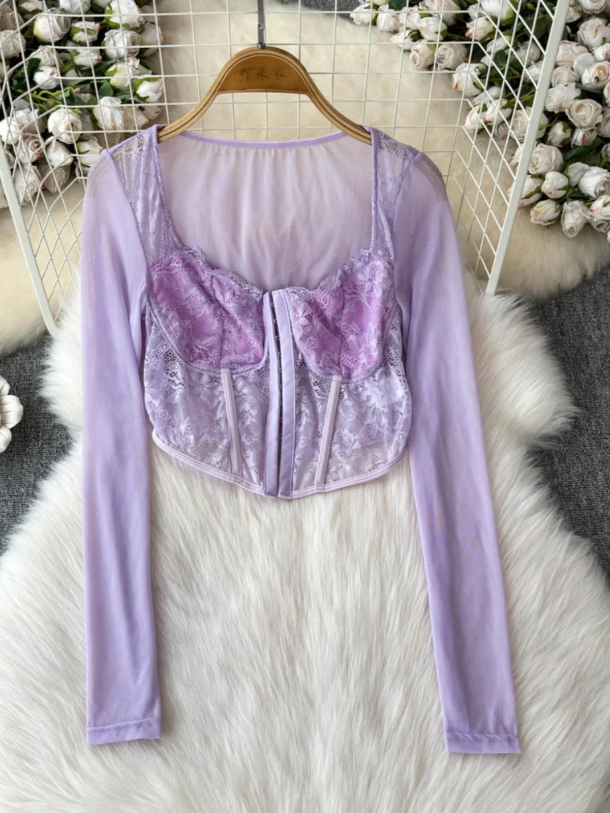 Foamlina Сексуальная футболка с квадратным вырезом и кружевной сеткой длинными