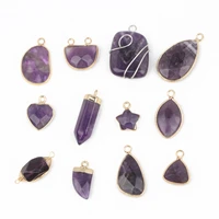 natural amethyst stone charms pendant purple hexagonal quartz crystal diy women necklace earrings connector for jewelry findings