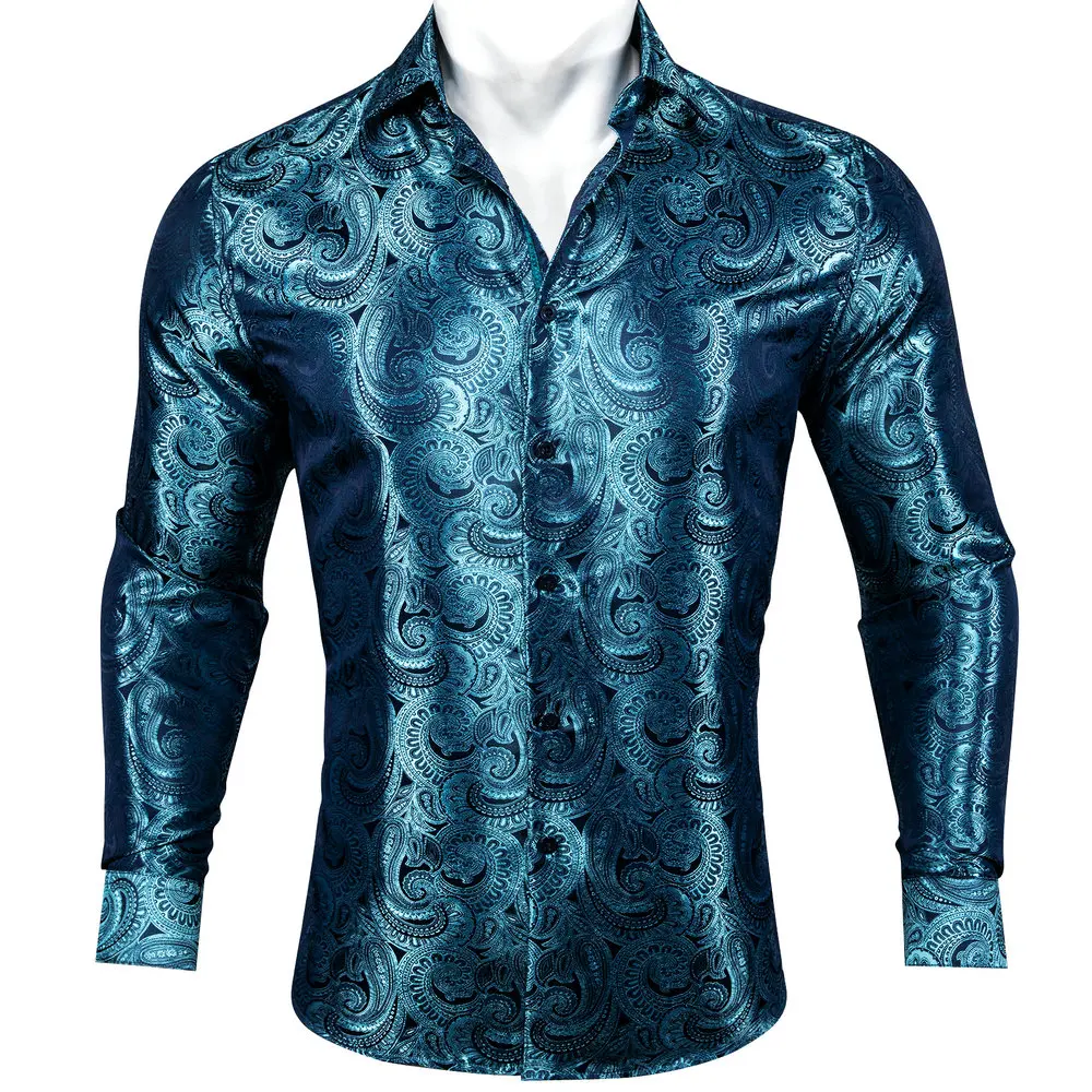

Exquisite Men Silk Shirts Royal Blue Spring Autumn Paisley Long Sleeve Lapel Shirt New Casual Fit Party Designer Barry.Wang CY-6