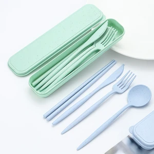 Spoon Fork Chopsticks Knife Tableware 4 Pieces/Set Wheat Straw Cutlery Box Children Adult Travel Portable Kitchen Accessories