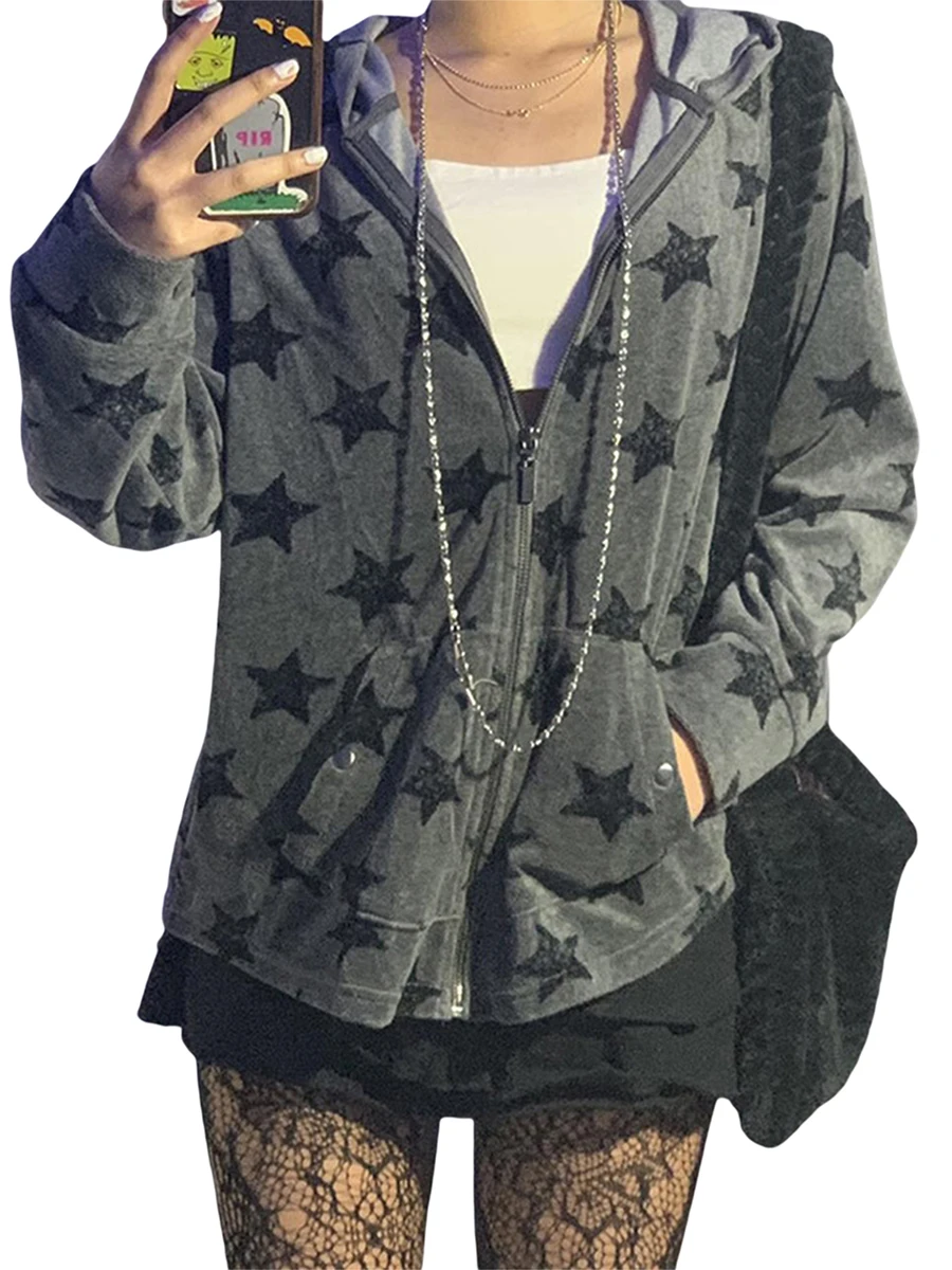 

Gothic Grunge Harajuku Pentagram Print Sweatshirts Women Preppy Style E-girl Harajuku Hoodies Zip Up Coats Jackets Y2k