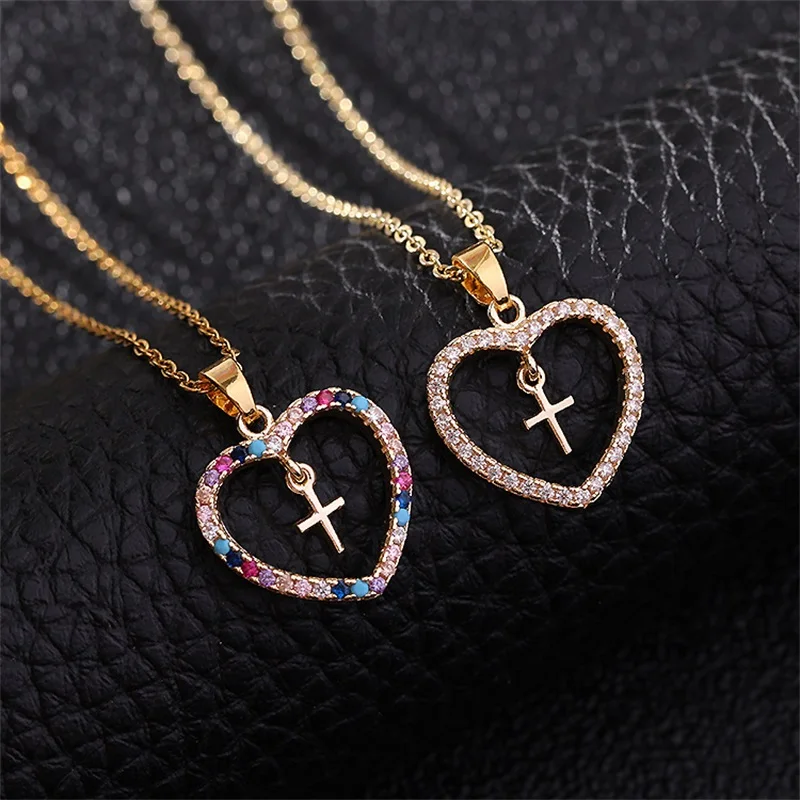 

Classic Love Jesus Cross Necklace Love Heart Colorful Zirconia Heart Lucky Guardian Clavicle Chain Gift for Girls