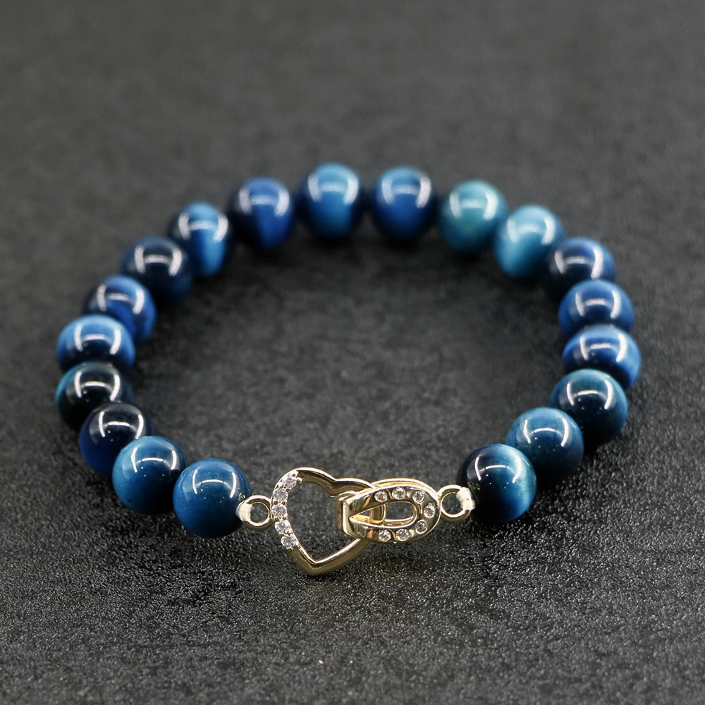 Лидер продаж, высококачественный браслет с тигровыми глазами диаметром 8 мм с пряжкой в виде сердца с фианитом для женщин и мужчин, подарок для влюбленных пар