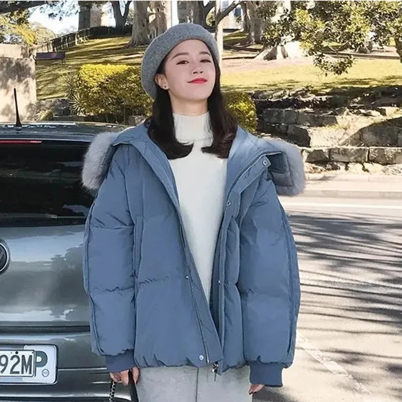 Fashion Fur Collar Hooded Short Parkas Solid Casual Long Sleeve Winter Jacket Korean Loose Cotton Padded Outwear Student coat