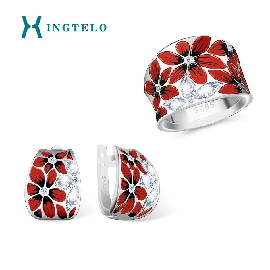 

XINGTELO 925 Sterling Silver Jewelry Set Red Enamel White Cubic Zirconia Ring Stud Earrings for Women Engagement Jewelry
