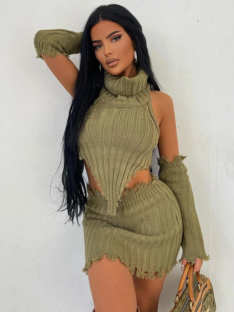 

Piednoir Irregular 3 Pieces Knitted Outfits Women With Gloves High Neck Cropped Tank Top And High Waist Bodycon Mini Skirts Suit