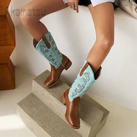 Color Block Embroidered Mid Calf Cowboy Boots Retro Chunky Heel Med Heel Women Shoes Spring for Autumn Winter Boots Large 35-48